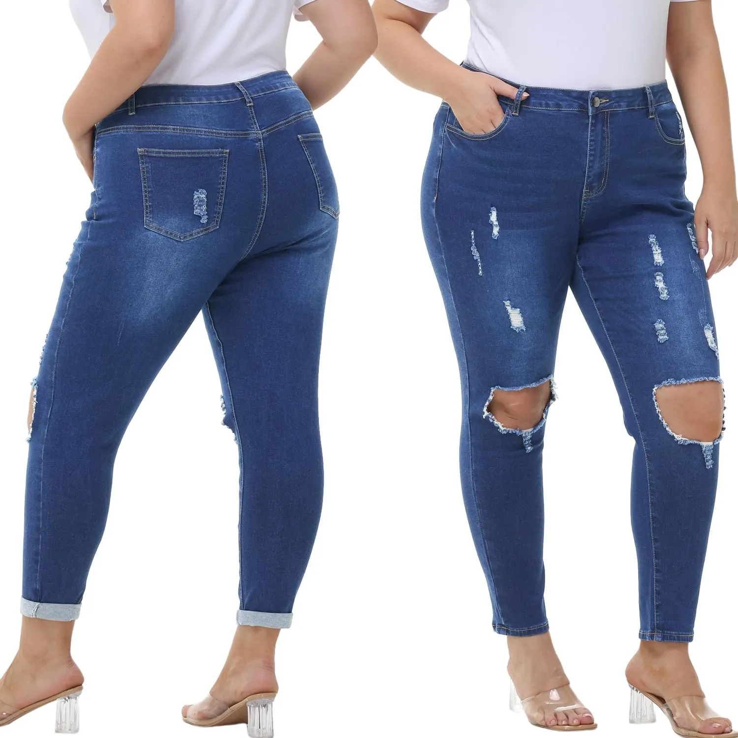 Tulucky Women's Plus Size Boyfriend Jeans Distressed Ripped Denim Pants Comfy Stretch Skinny Jeans