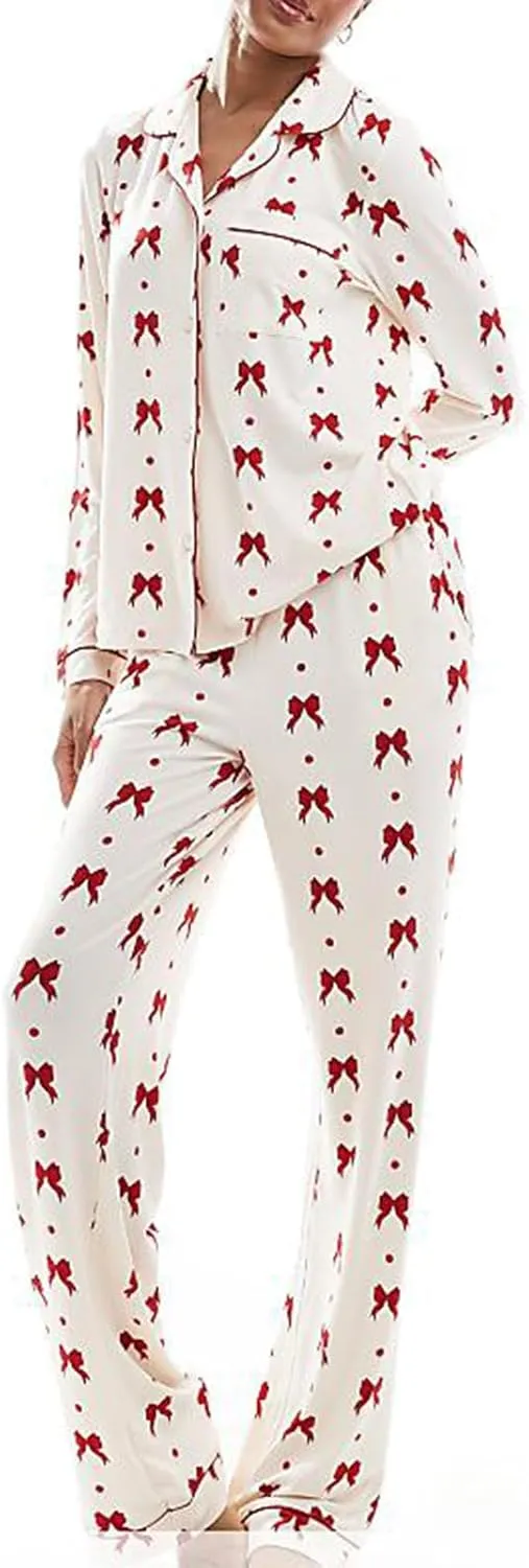 Valentine's Day Pajama Set for Womens Long Sleeve Heart/Bow Print Loungewear Two Piece Button Down Pjs Set Sleepwear