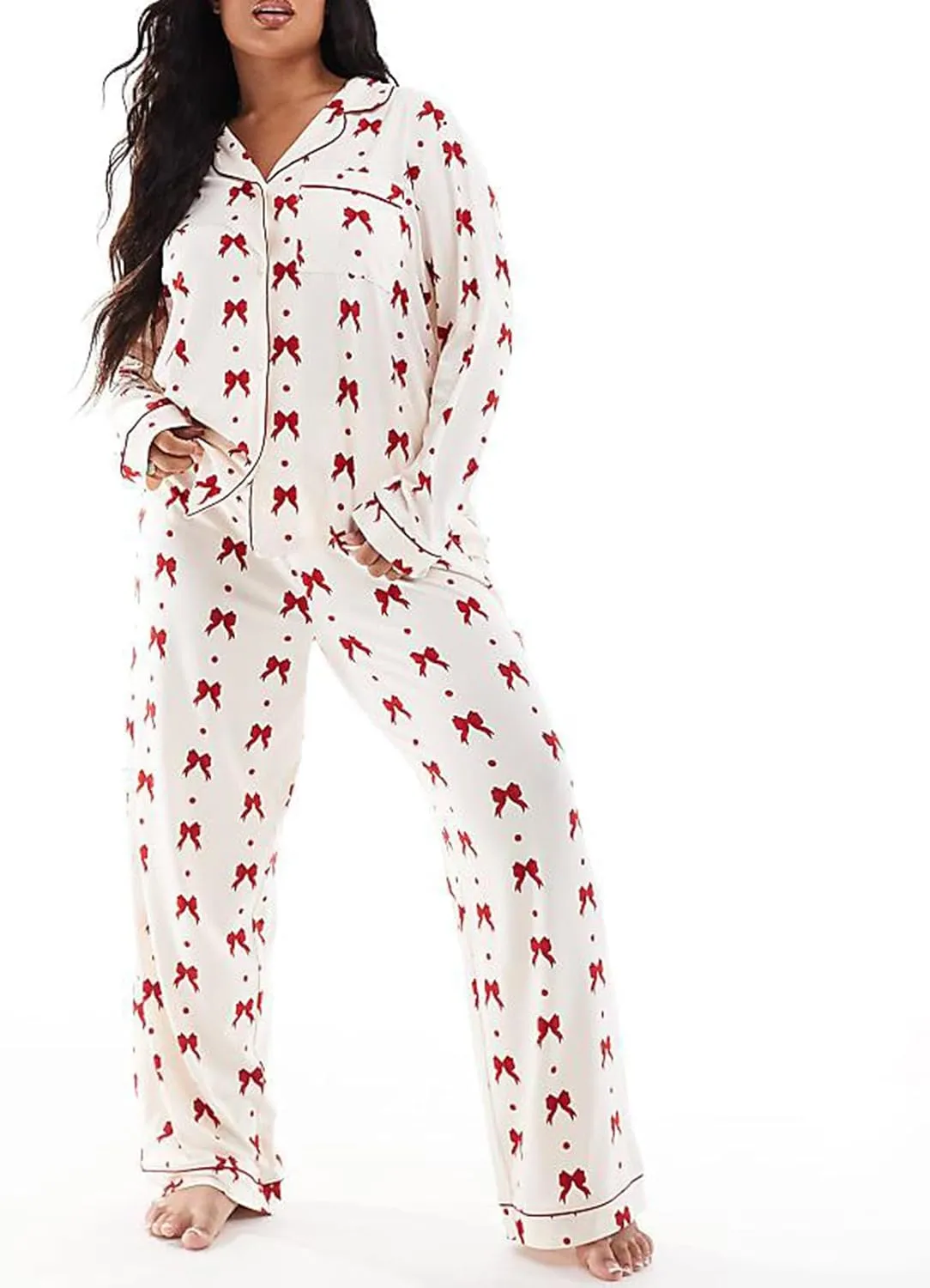 Valentine's Day Pajama Set for Womens Long Sleeve Heart/Bow Print Loungewear Two Piece Button Down Pjs Set Sleepwear