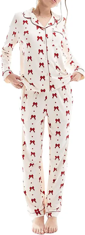 Valentine's Day Pajama Set for Womens Long Sleeve Heart/Bow Print Loungewear Two Piece Button Down Pjs Set Sleepwear