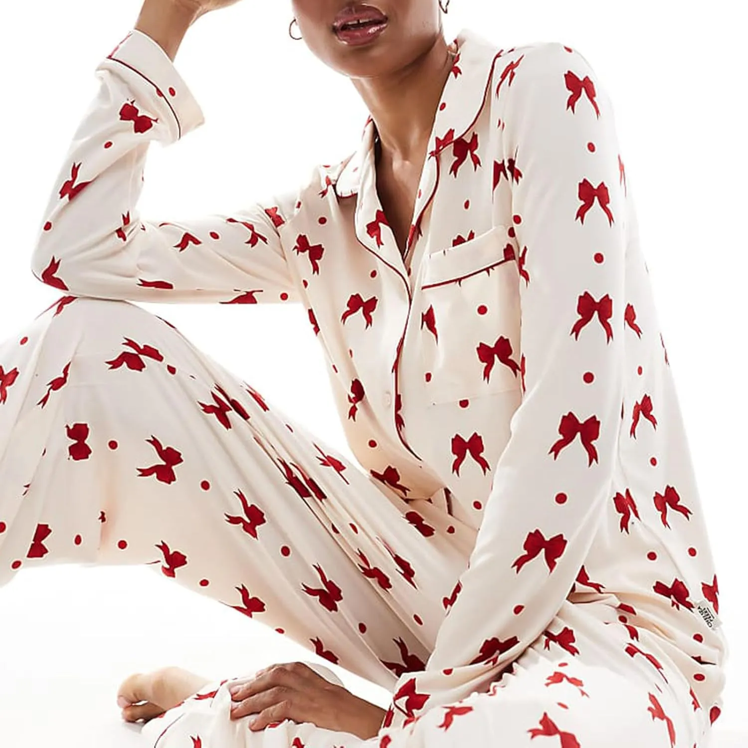 Valentine's Day Pajama Set for Womens Long Sleeve Heart/Bow Print Loungewear Two Piece Button Down Pjs Set Sleepwear