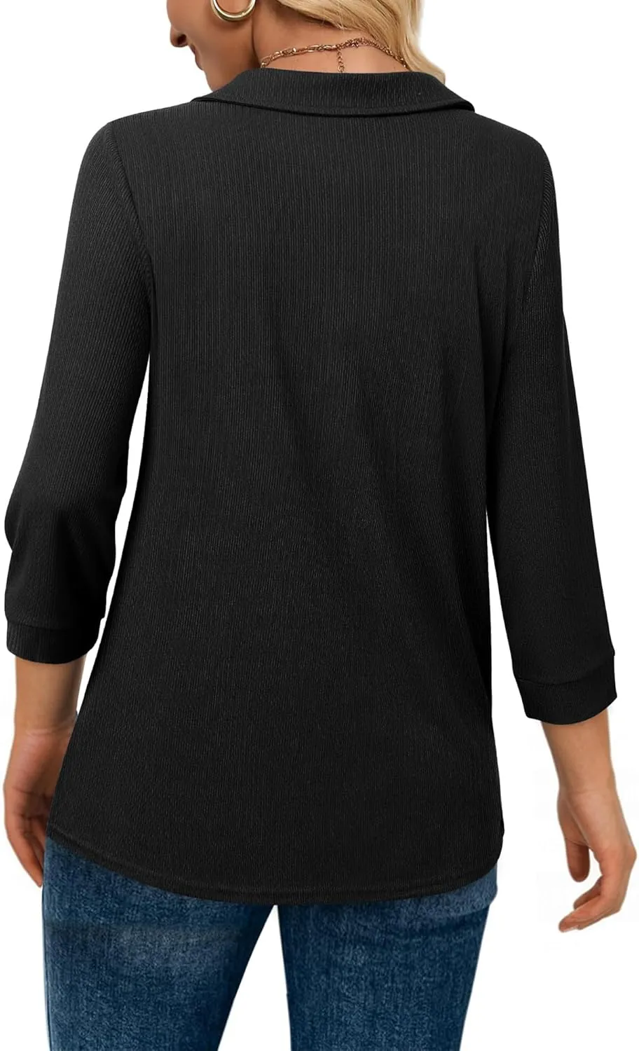Vivilli Womens Tops Dressy Casual Summer Fall Outfts 3/4 Length Sleeve V Neck Shirts Work Blouses Zipper Collar Polo Shirts