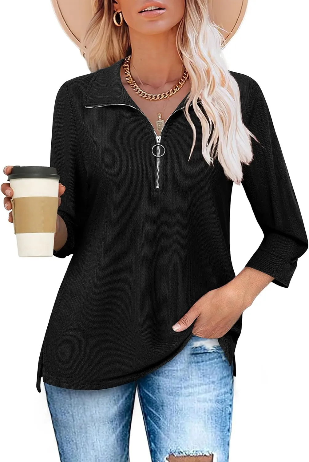 Vivilli Womens Tops Dressy Casual Summer Fall Outfts 3/4 Length Sleeve V Neck Shirts Work Blouses Zipper Collar Polo Shirts
