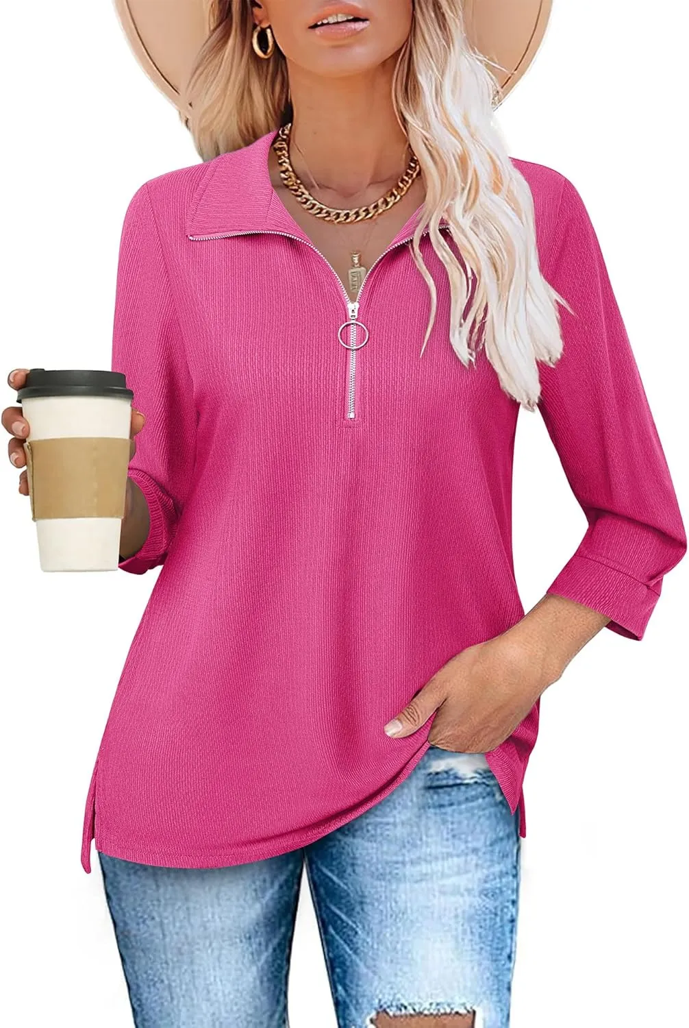 Vivilli Womens Tops Dressy Casual Summer Fall Outfts 3/4 Length Sleeve V Neck Shirts Work Blouses Zipper Collar Polo Shirts