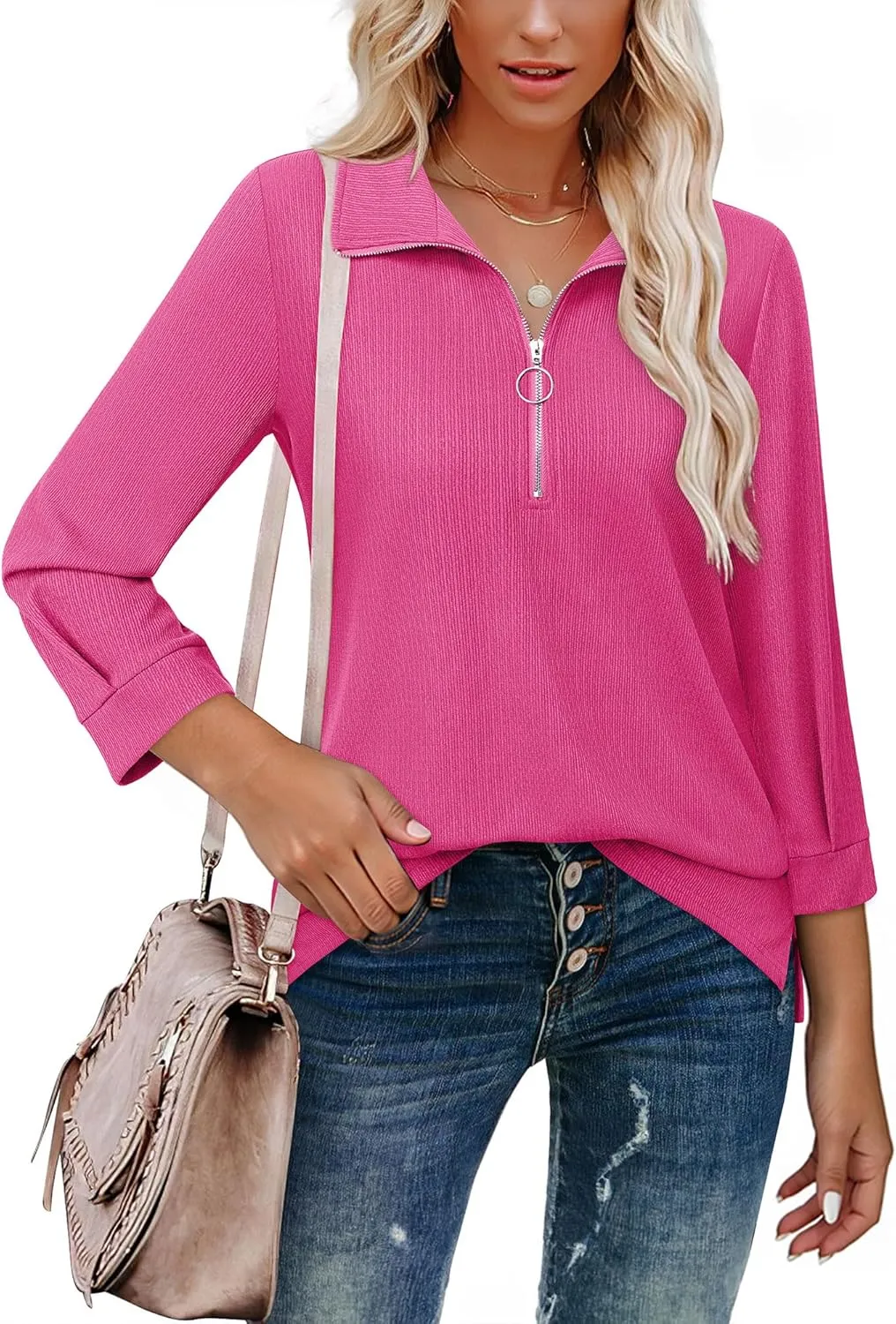 Vivilli Womens Tops Dressy Casual Summer Fall Outfts 3/4 Length Sleeve V Neck Shirts Work Blouses Zipper Collar Polo Shirts