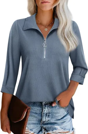 Vivilli Womens Tops Dressy Casual Summer Fall Outfts 3/4 Length Sleeve V Neck Shirts Work Blouses Zipper Collar Polo Shirts