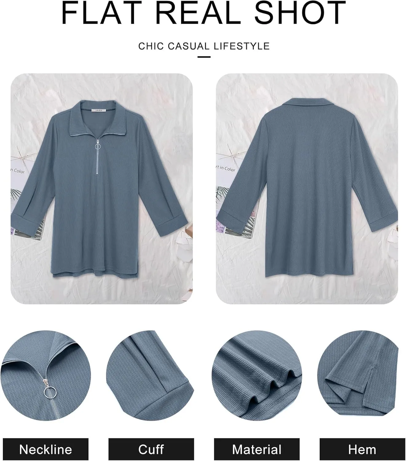 Vivilli Womens Tops Dressy Casual Summer Fall Outfts 3/4 Length Sleeve V Neck Shirts Work Blouses Zipper Collar Polo Shirts