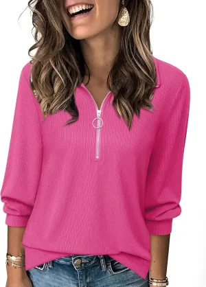 Vivilli Womens Tops Dressy Casual Summer Fall Outfts 3/4 Length Sleeve V Neck Shirts Work Blouses Zipper Collar Polo Shirts