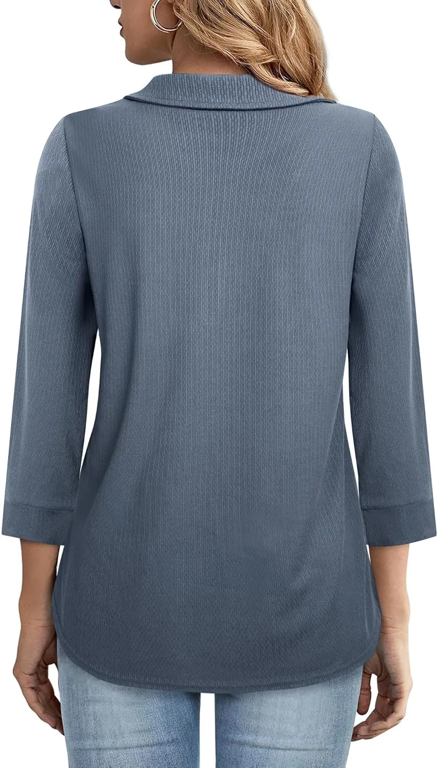 Vivilli Womens Tops Dressy Casual Summer Fall Outfts 3/4 Length Sleeve V Neck Shirts Work Blouses Zipper Collar Polo Shirts