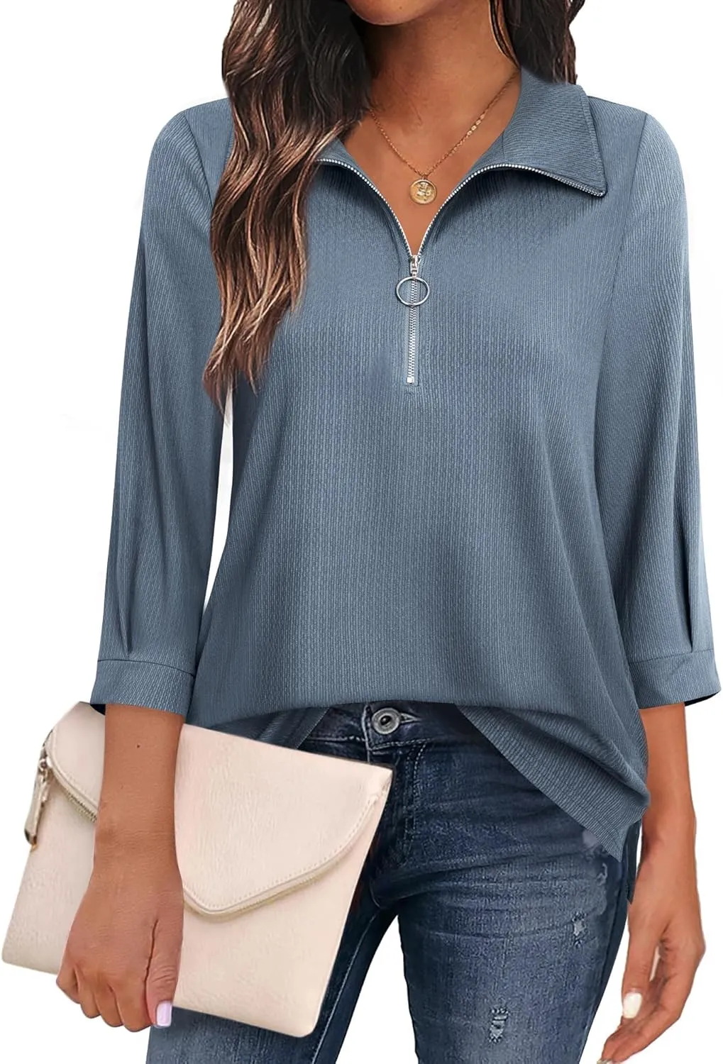 Vivilli Womens Tops Dressy Casual Summer Fall Outfts 3/4 Length Sleeve V Neck Shirts Work Blouses Zipper Collar Polo Shirts