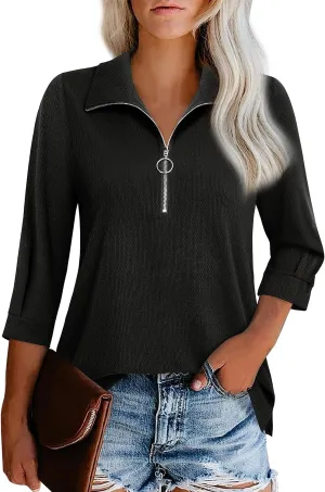 Vivilli Womens Tops Dressy Casual Summer Fall Outfts 3/4 Length Sleeve V Neck Shirts Work Blouses Zipper Collar Polo Shirts