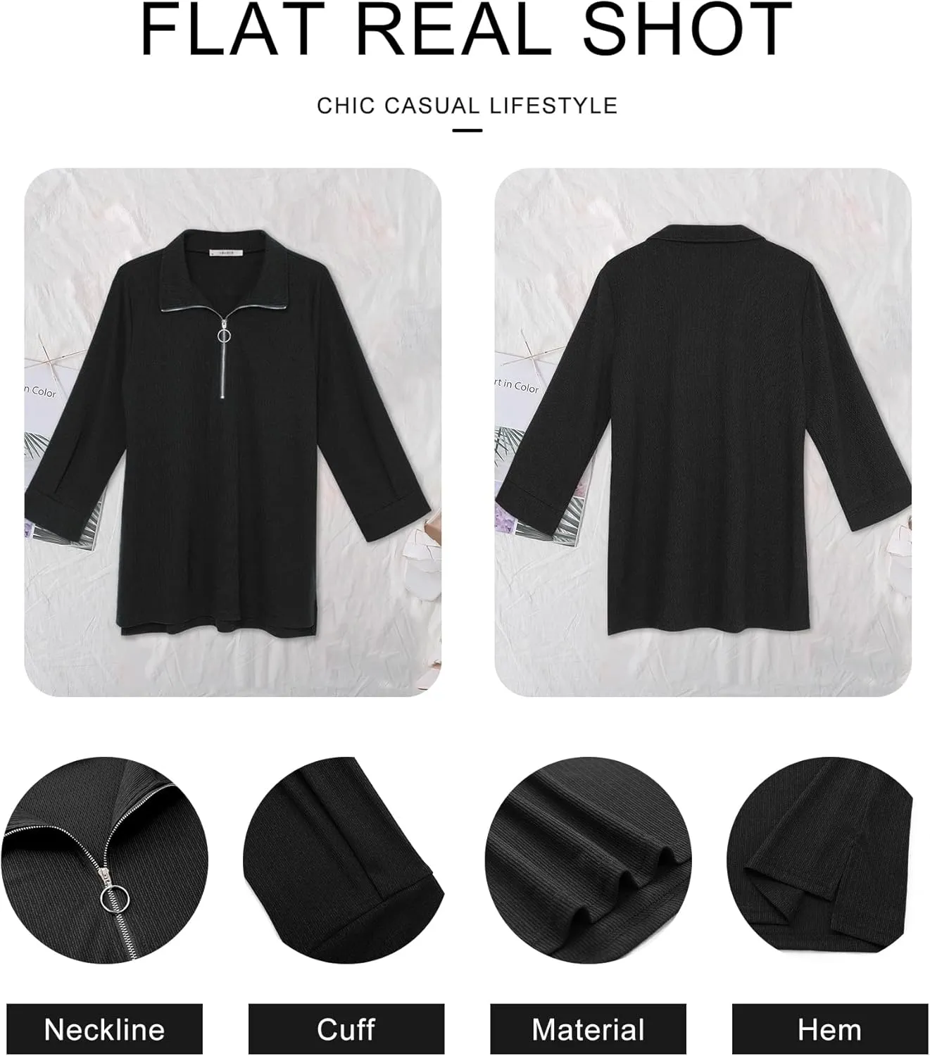 Vivilli Womens Tops Dressy Casual Summer Fall Outfts 3/4 Length Sleeve V Neck Shirts Work Blouses Zipper Collar Polo Shirts