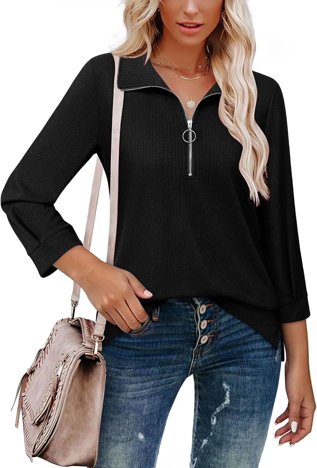 Vivilli Womens Tops Dressy Casual Summer Fall Outfts 3/4 Length Sleeve V Neck Shirts Work Blouses Zipper Collar Polo Shirts