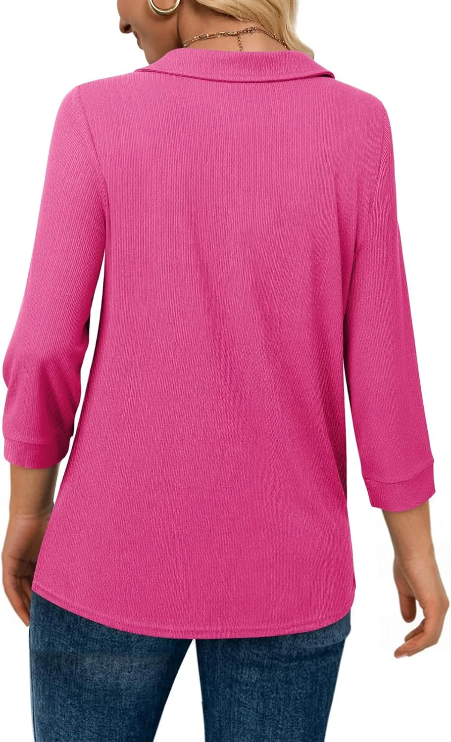 Vivilli Womens Tops Dressy Casual Summer Fall Outfts 3/4 Length Sleeve V Neck Shirts Work Blouses Zipper Collar Polo Shirts