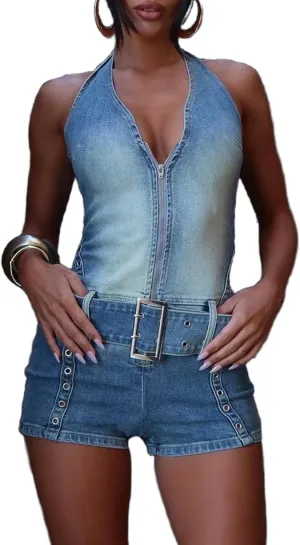 VOIKERDR Denim Jumpsuit for Women V Neck Halter Jean Jumpsuits Sexy Bodycon Romper Streetwear