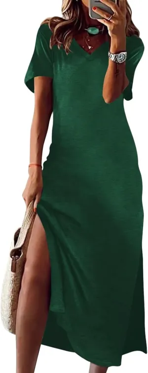 Wkior Women's Summer Maxi Dress Loose Casual Long Dress Color Block Short Sleeve Split Maxi Dresses(S-2XL)
