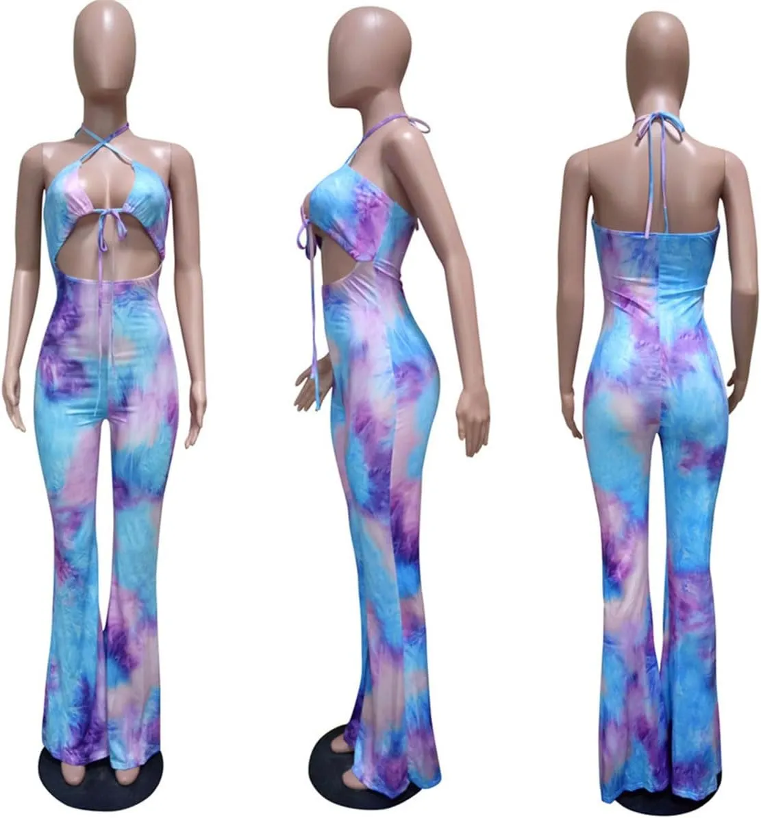 WOKANSE Womens Sexy Halter Jumpsuit Tie Dye Tie Up Cut Out Sleeveless Bodycon Flare Long Pants One Piece Jumpsuits