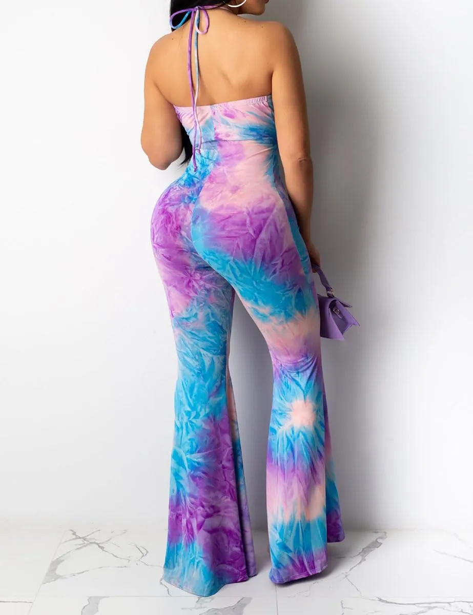 WOKANSE Womens Sexy Halter Jumpsuit Tie Dye Tie Up Cut Out Sleeveless Bodycon Flare Long Pants One Piece Jumpsuits