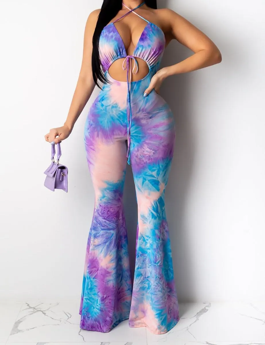 WOKANSE Womens Sexy Halter Jumpsuit Tie Dye Tie Up Cut Out Sleeveless Bodycon Flare Long Pants One Piece Jumpsuits