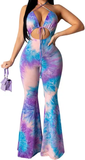 WOKANSE Womens Sexy Halter Jumpsuit Tie Dye Tie Up Cut Out Sleeveless Bodycon Flare Long Pants One Piece Jumpsuits