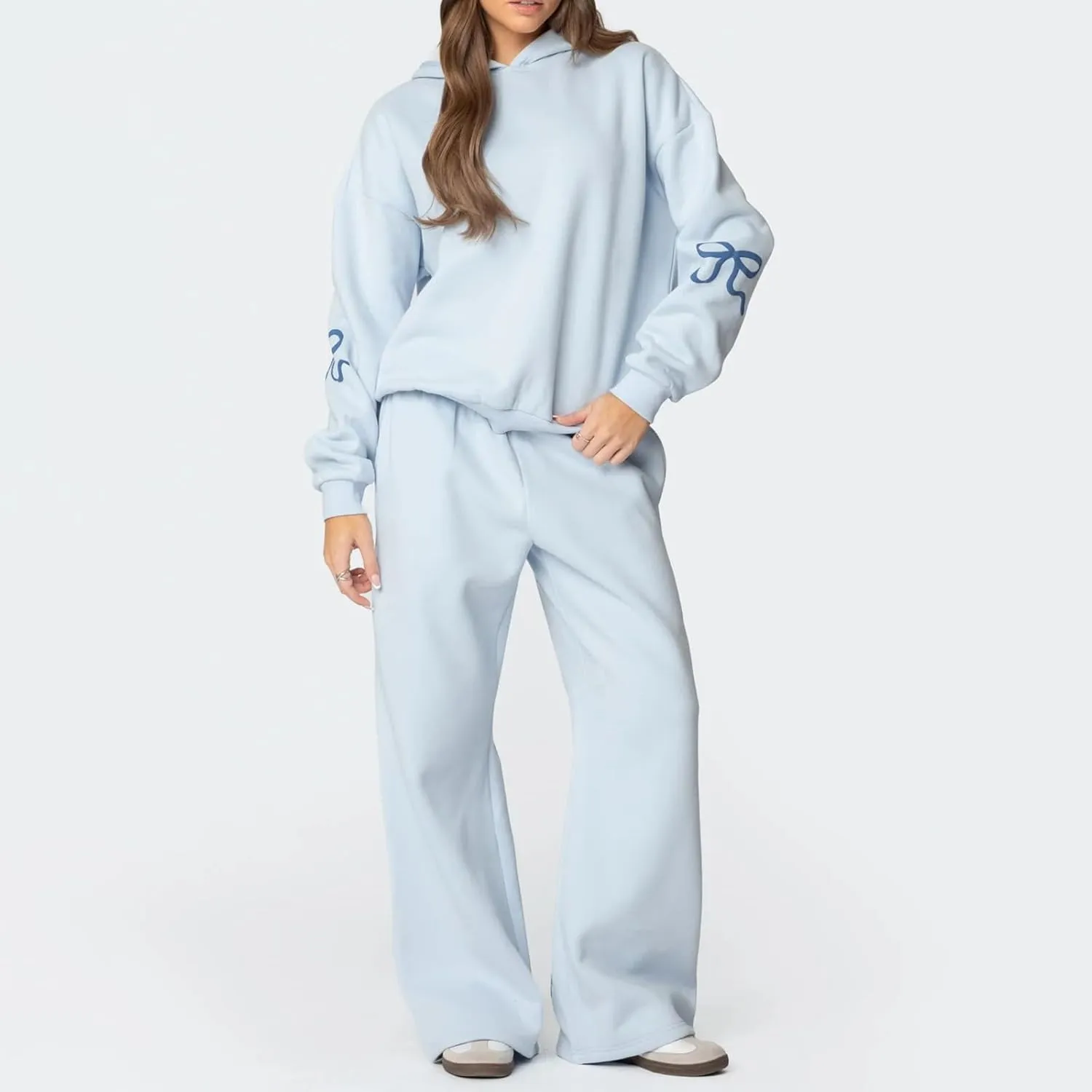 Women 2 Piece Bow Print Tracksuit Outfits Long Sleeve Hoodies Wide Leg Sweatpant Oversized Sweat Set with Pockets