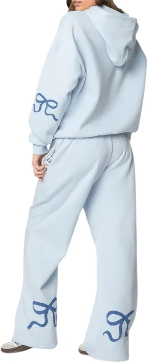 Women 2 Piece Bow Print Tracksuit Outfits Long Sleeve Hoodies Wide Leg Sweatpant Oversized Sweat Set with Pockets