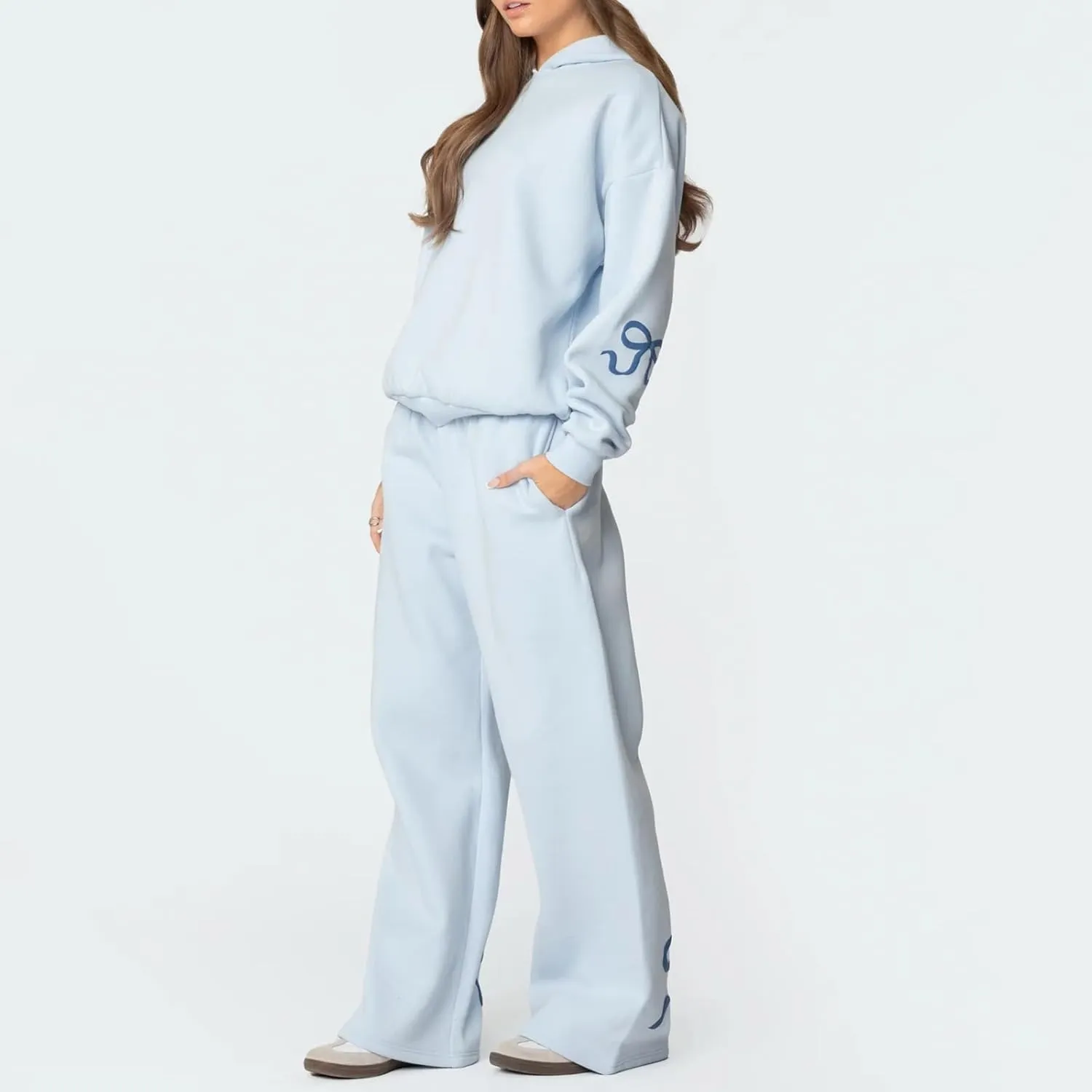 Women 2 Piece Bow Print Tracksuit Outfits Long Sleeve Hoodies Wide Leg Sweatpant Oversized Sweat Set with Pockets