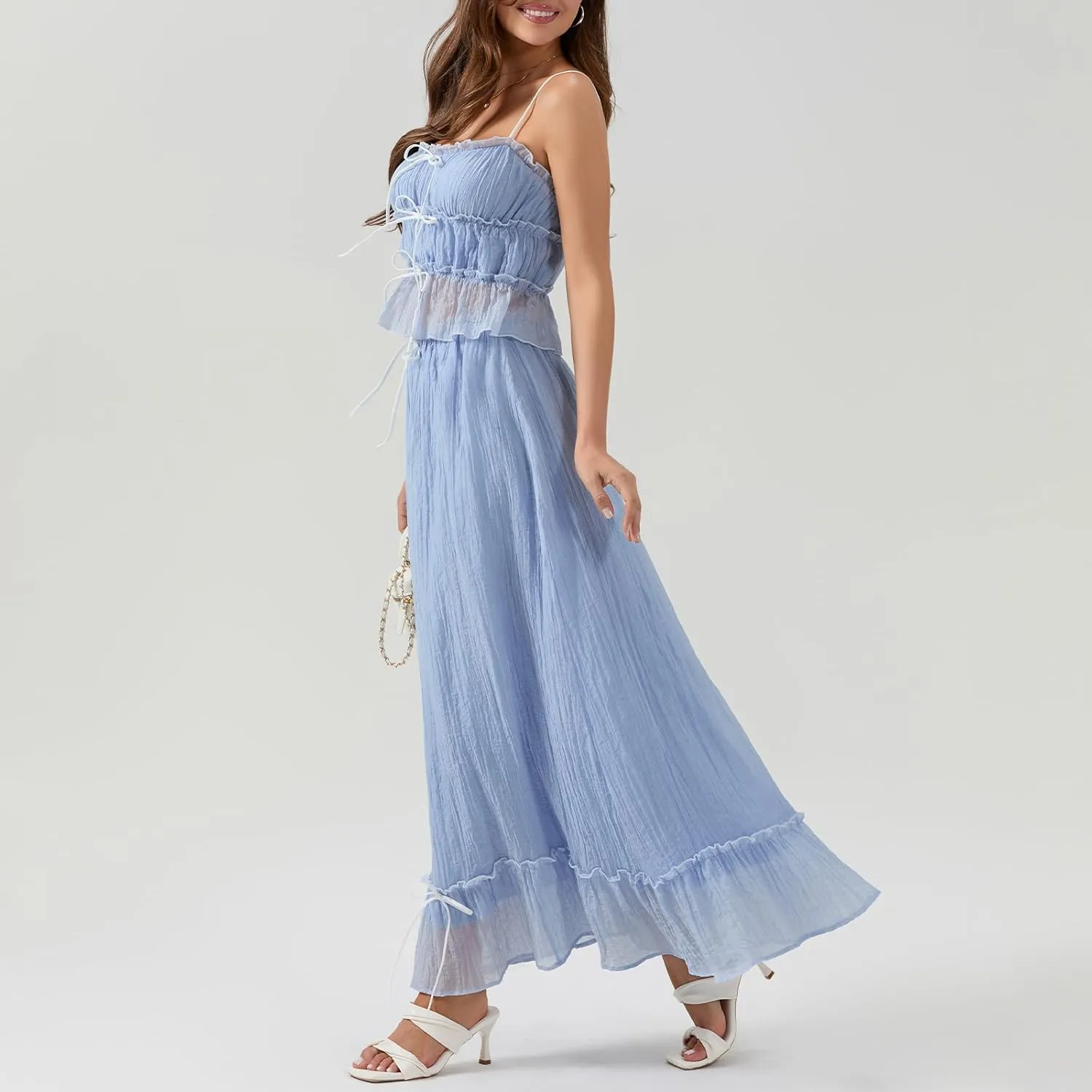 Women 2 Piece Maxi Skirt Set Spaghetti Straps Backless Cropped Cami Top Ruffle Long Skirt Beach Cocktail Outfits