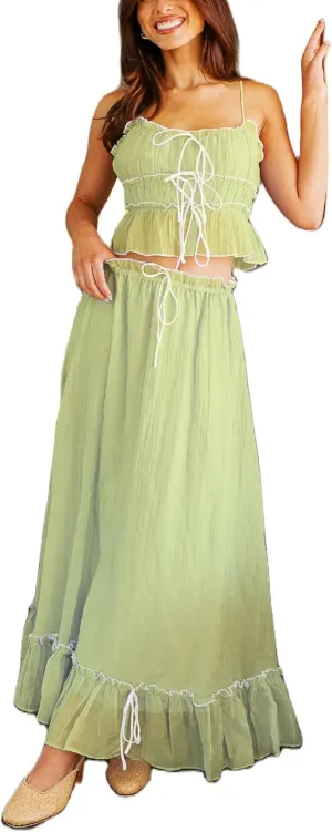 Women 2 Piece Maxi Skirt Set Spaghetti Straps Backless Cropped Cami Top Ruffle Long Skirt Beach Cocktail Outfits