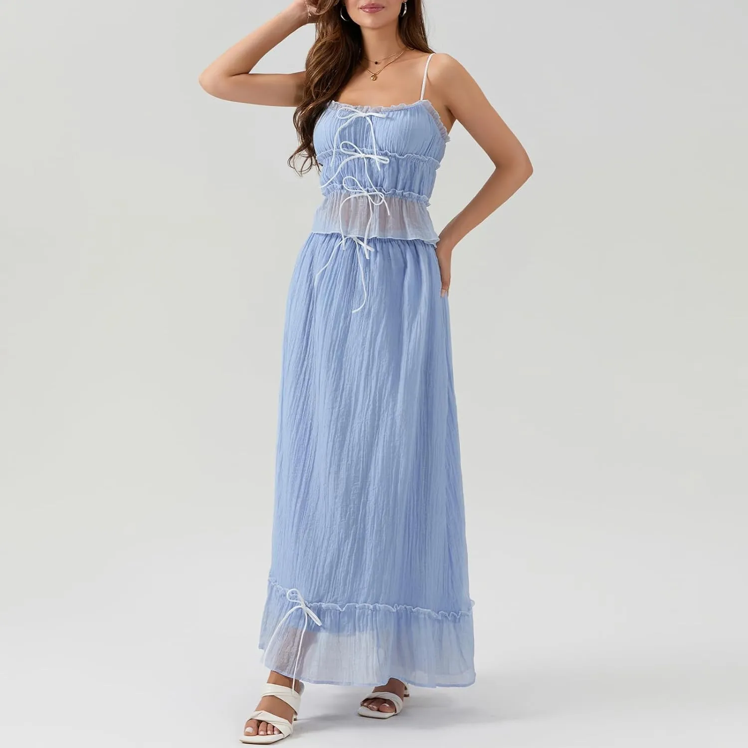 Women 2 Piece Maxi Skirt Set Spaghetti Straps Backless Cropped Cami Top Ruffle Long Skirt Beach Cocktail Outfits