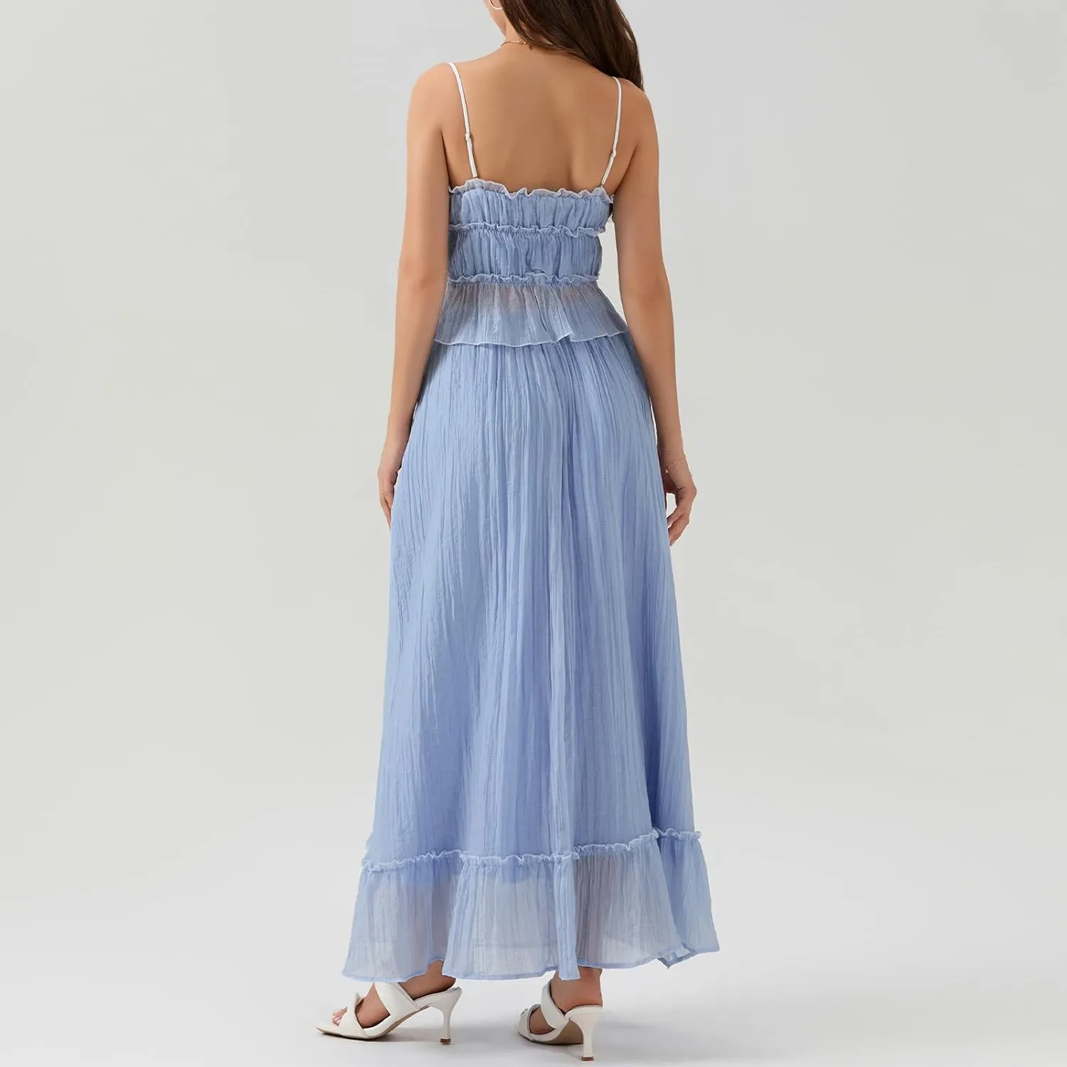 Women 2 Piece Maxi Skirt Set Spaghetti Straps Backless Cropped Cami Top Ruffle Long Skirt Beach Cocktail Outfits