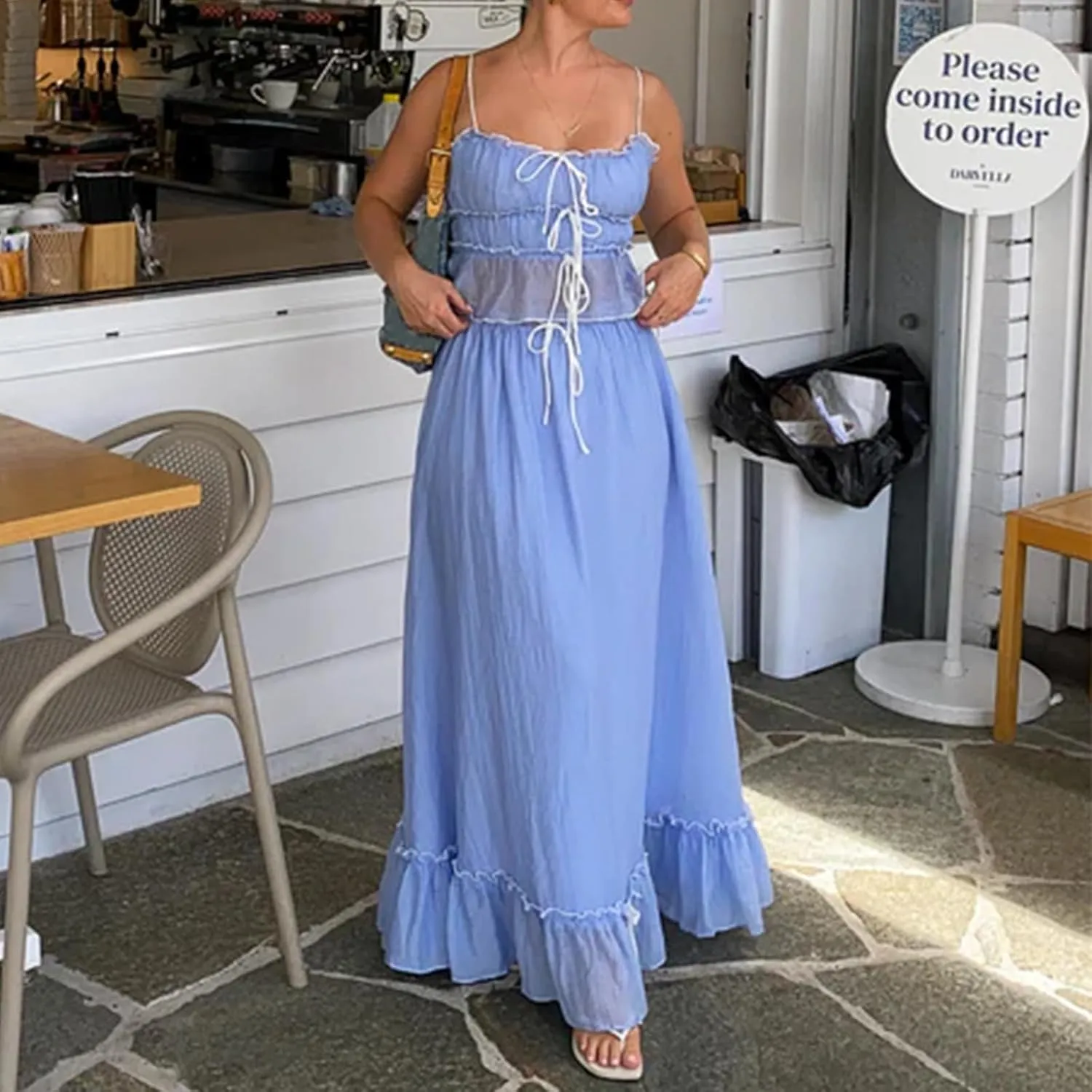 Women 2 Piece Maxi Skirt Set Spaghetti Straps Backless Cropped Cami Top Ruffle Long Skirt Beach Cocktail Outfits