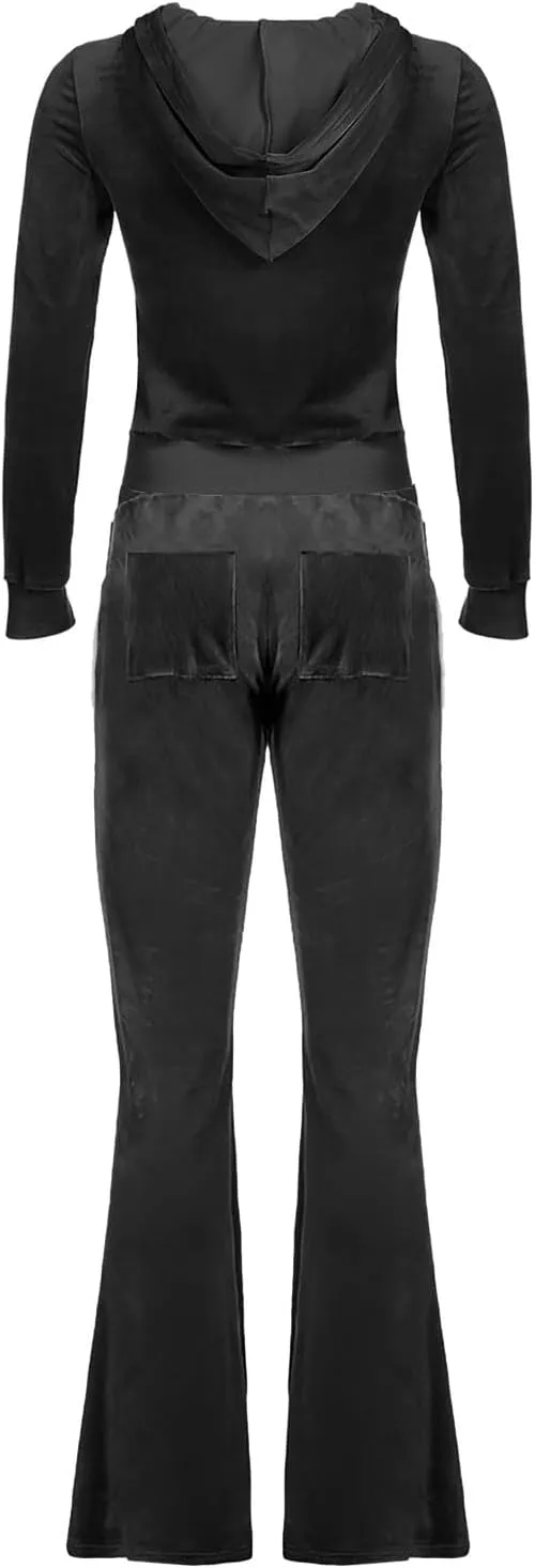 Women 2 Piece Velour Tracksuits Long Sleeve Full Zip Hoodie Cropped Jacket and Sweatpants Velvet Y2K Sweatsuit Set