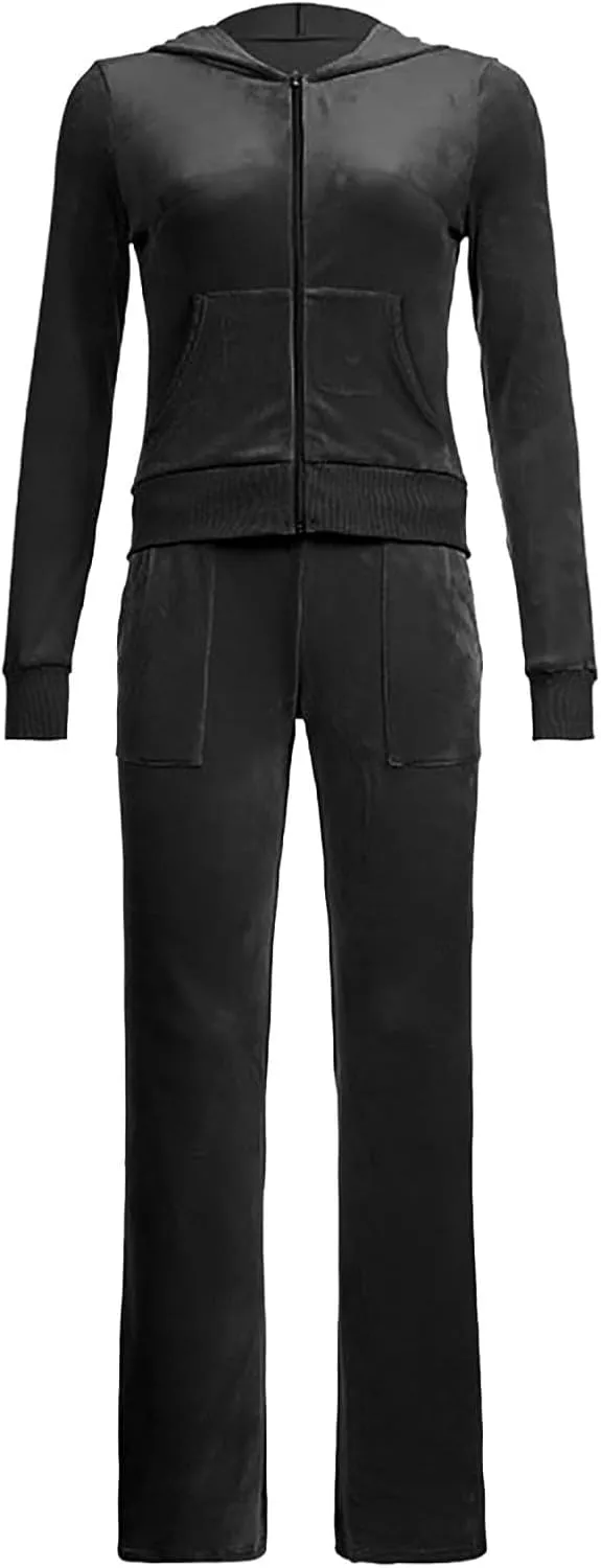 Women 2 Piece Velour Tracksuits Long Sleeve Full Zip Hoodie Cropped Jacket and Sweatpants Velvet Y2K Sweatsuit Set