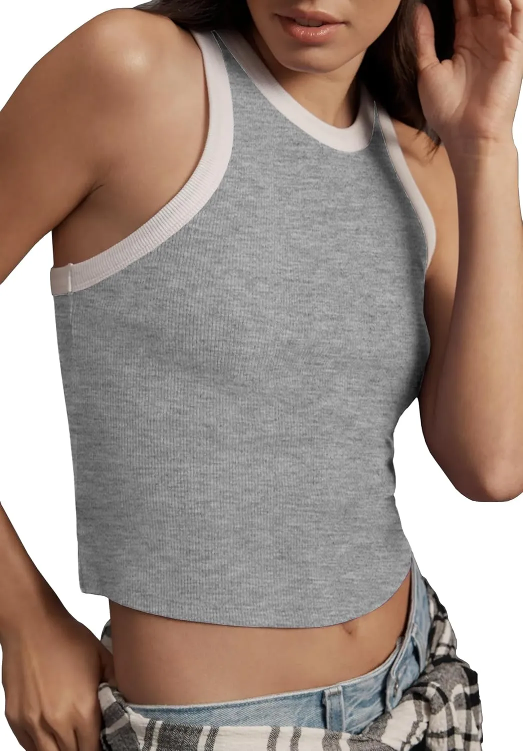 Women 2025 Sexy Sleeveless Crewneck Ribbed Knitted Tank Crop Tops