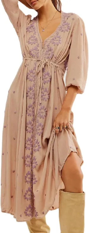 Women Boho Embroidered Maxi Dress Floral V Neck Puff Sleeve Flowy Long Dress Elegant Front Drawstring Swing Sundress