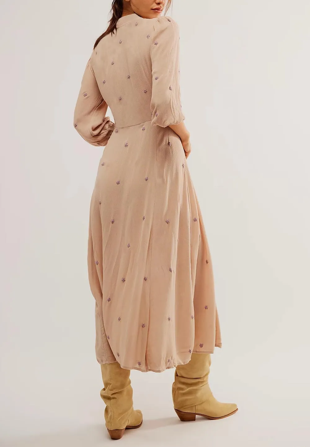 Women Boho Embroidered Maxi Dress Floral V Neck Puff Sleeve Flowy Long Dress Elegant Front Drawstring Swing Sundress