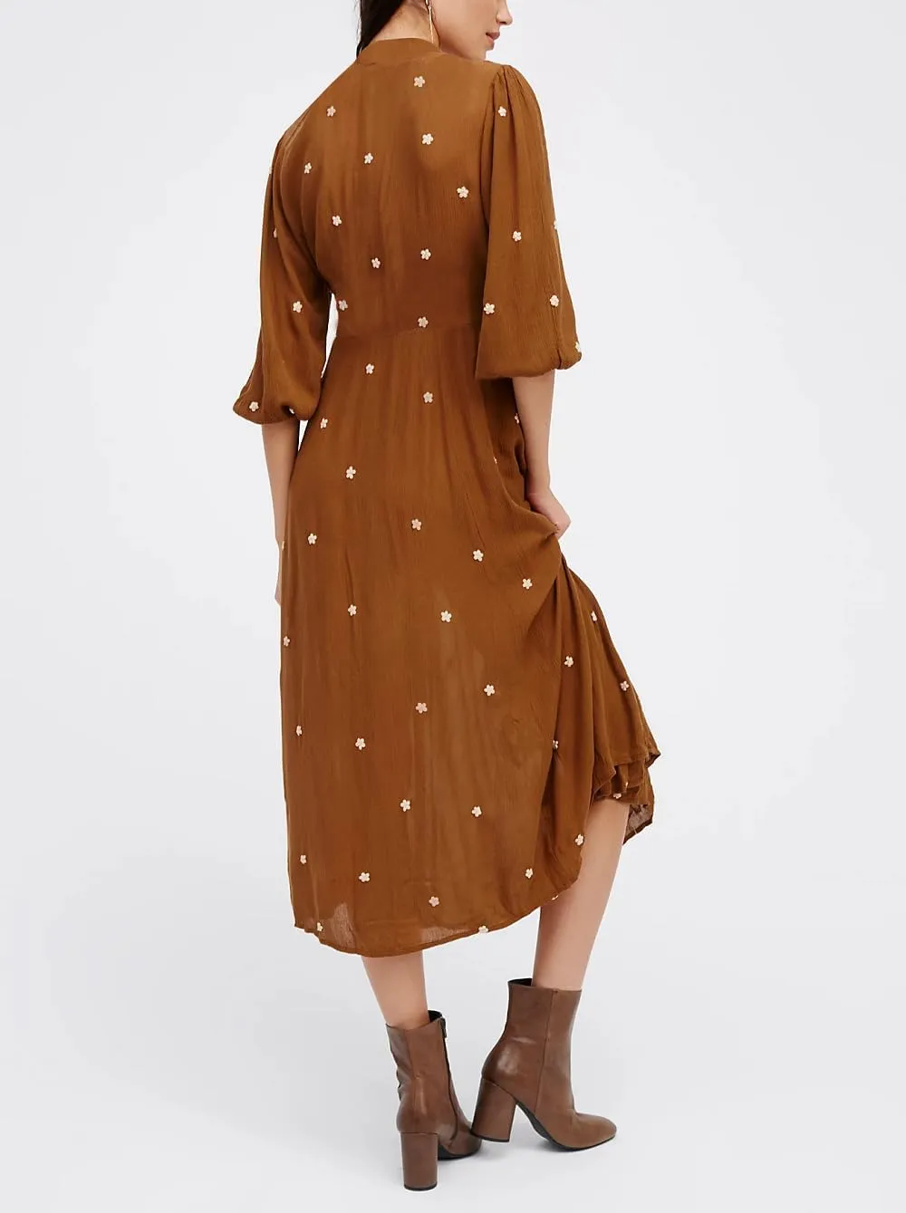 Women Boho Embroidered Maxi Dress Floral V Neck Puff Sleeve Flowy Long Dress Elegant Front Drawstring Swing Sundress