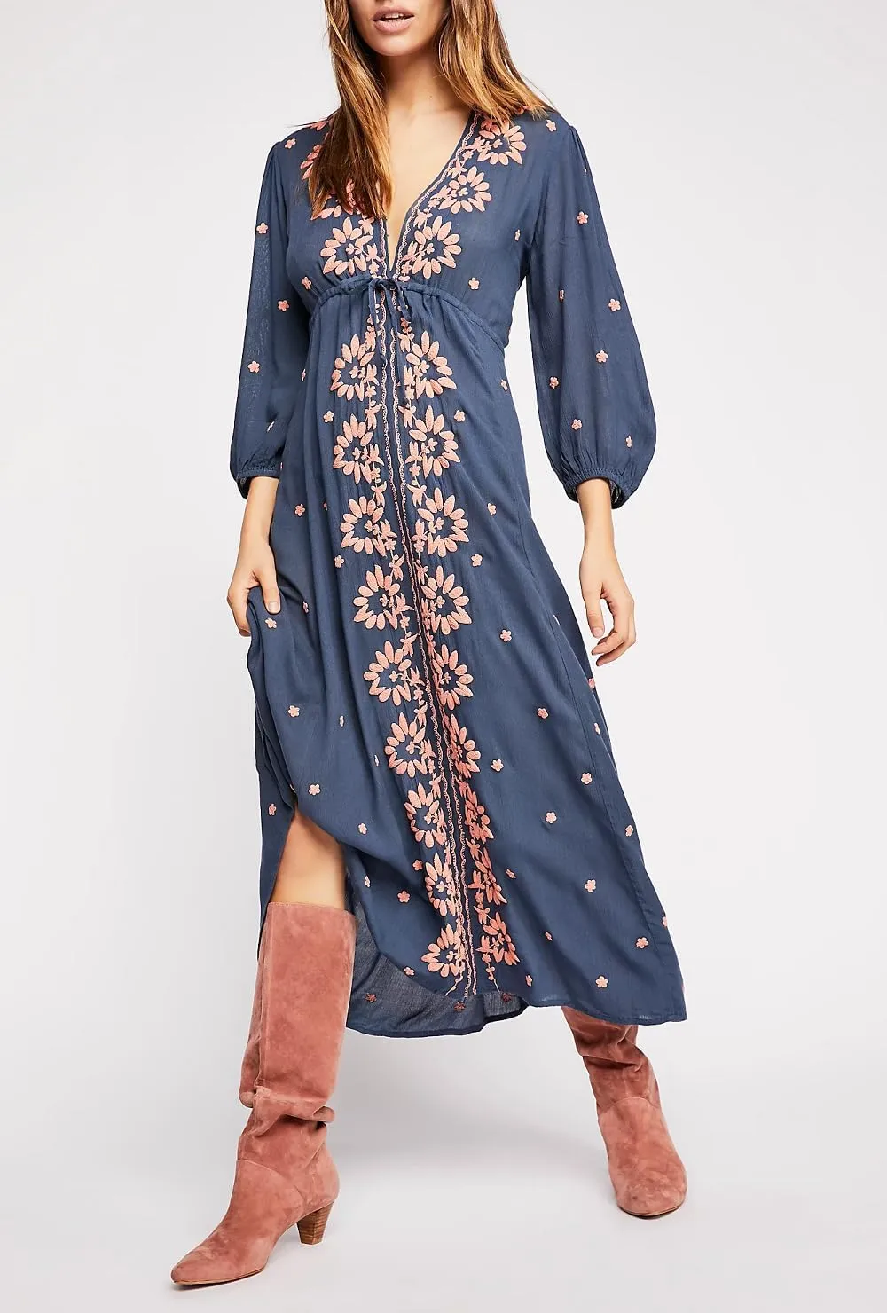 Women Boho Embroidered Maxi Dress Floral V Neck Puff Sleeve Flowy Long Dress Elegant Front Drawstring Swing Sundress
