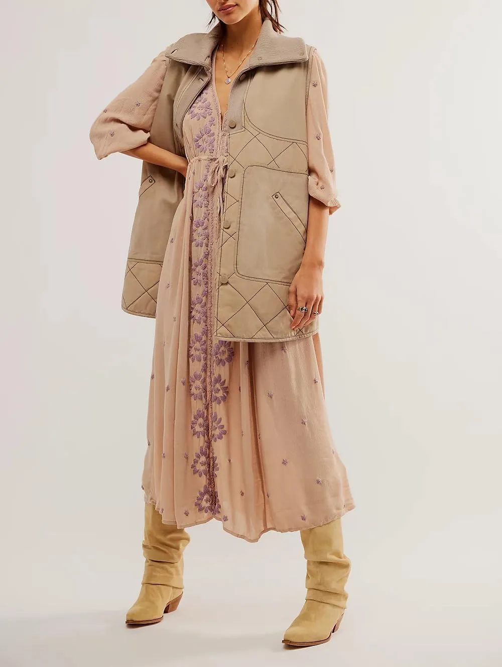 Women Boho Embroidered Maxi Dress Floral V Neck Puff Sleeve Flowy Long Dress Elegant Front Drawstring Swing Sundress