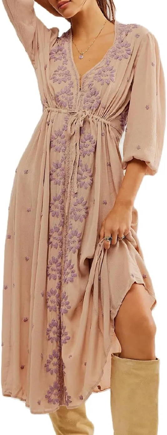 Women Boho Embroidered Maxi Dress Floral V Neck Puff Sleeve Flowy Long Dress Elegant Front Drawstring Swing Sundress
