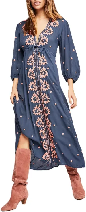 Women Boho Embroidered Maxi Dress Floral V Neck Puff Sleeve Flowy Long Dress Elegant Front Drawstring Swing Sundress