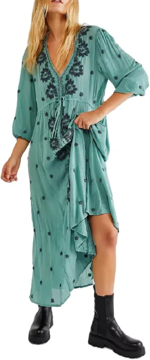Women Boho Embroidered Maxi Dress Floral V Neck Puff Sleeve Flowy Long Dress Elegant Front Drawstring Swing Sundress