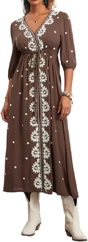 Women Boho Embroidered Maxi Dress Floral V Neck Puff Sleeve Flowy Long Dress Elegant Front Drawstring Swing Sundress