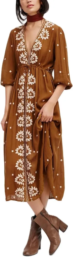 Women Boho Embroidered Maxi Dress Floral V Neck Puff Sleeve Flowy Long Dress Elegant Front Drawstring Swing Sundress