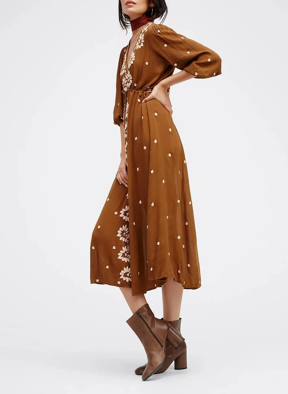 Women Boho Embroidered Maxi Dress Floral V Neck Puff Sleeve Flowy Long Dress Elegant Front Drawstring Swing Sundress