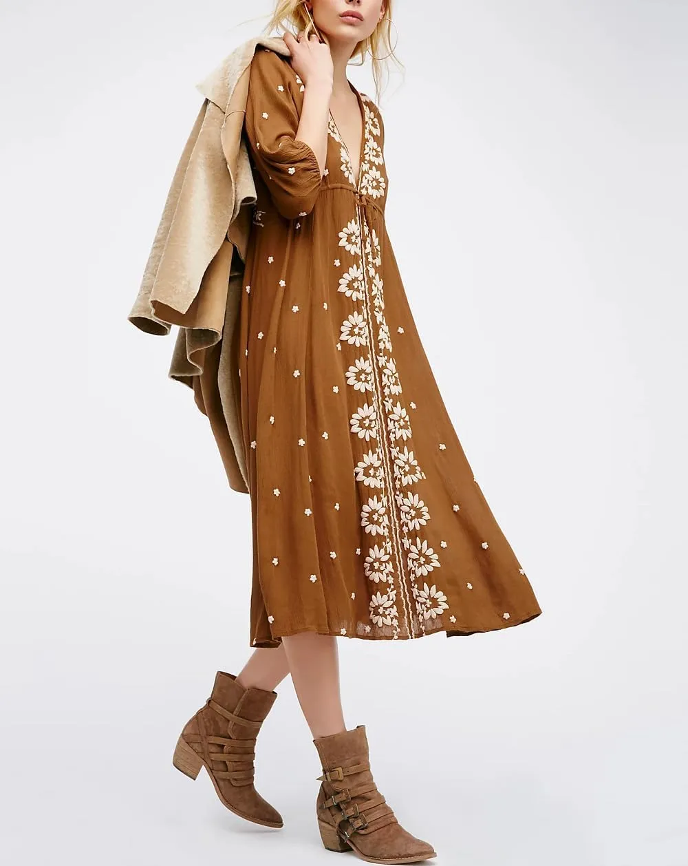 Women Boho Embroidered Maxi Dress Floral V Neck Puff Sleeve Flowy Long Dress Elegant Front Drawstring Swing Sundress