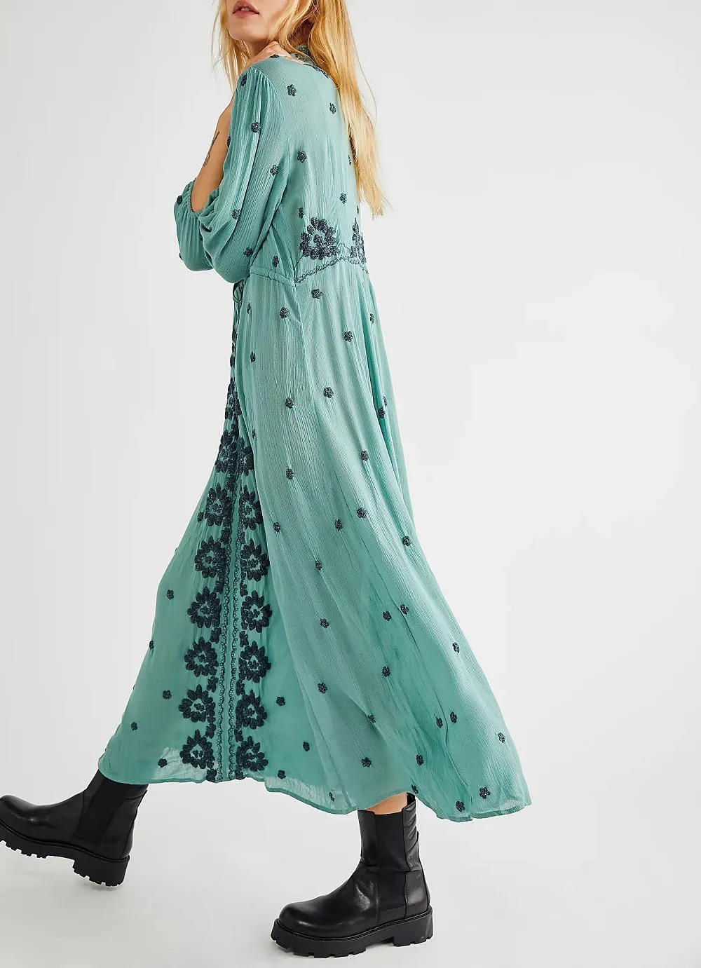Women Boho Embroidered Maxi Dress Floral V Neck Puff Sleeve Flowy Long Dress Elegant Front Drawstring Swing Sundress