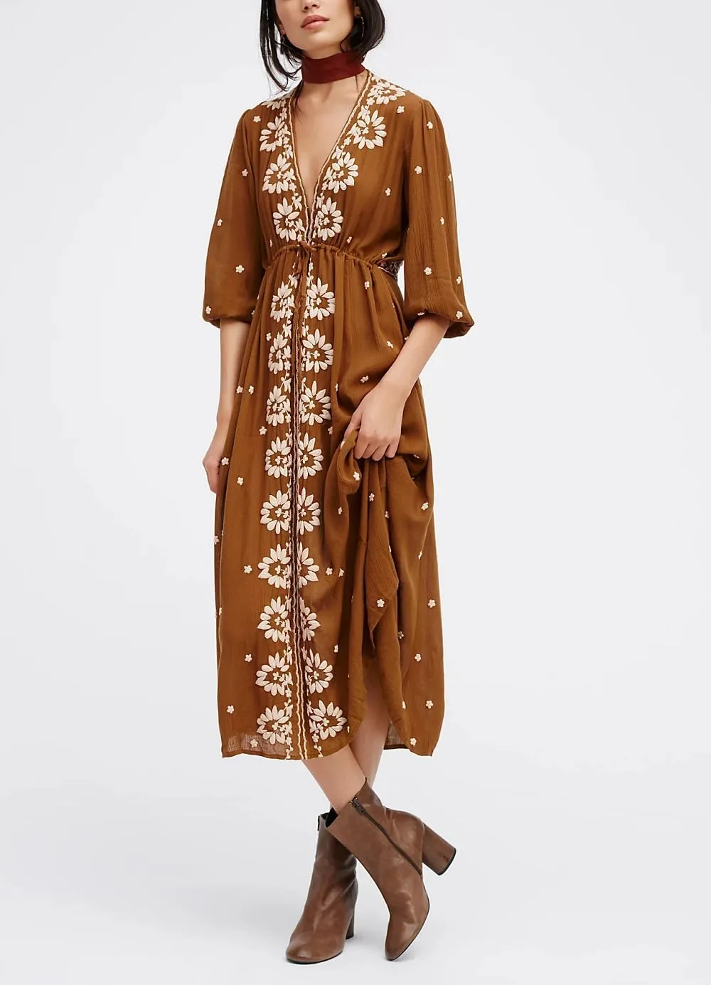 Women Boho Embroidered Maxi Dress Floral V Neck Puff Sleeve Flowy Long Dress Elegant Front Drawstring Swing Sundress