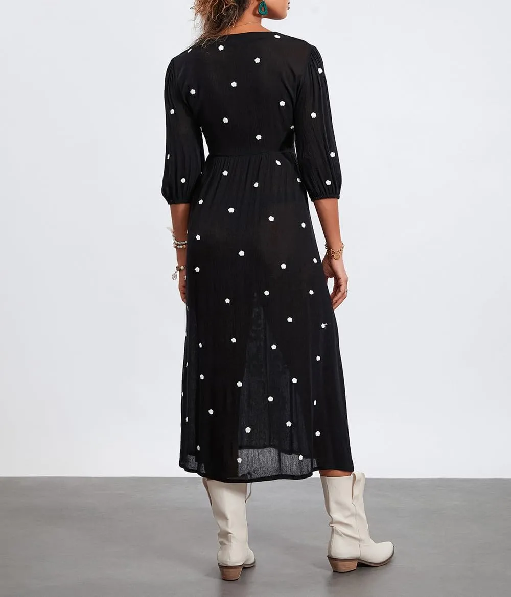Women Boho Embroidered Maxi Dress Floral V Neck Puff Sleeve Flowy Long Dress Elegant Front Drawstring Swing Sundress